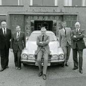 Sir John Egan (centre) and the Jaguar board outside the office block in the early 80s