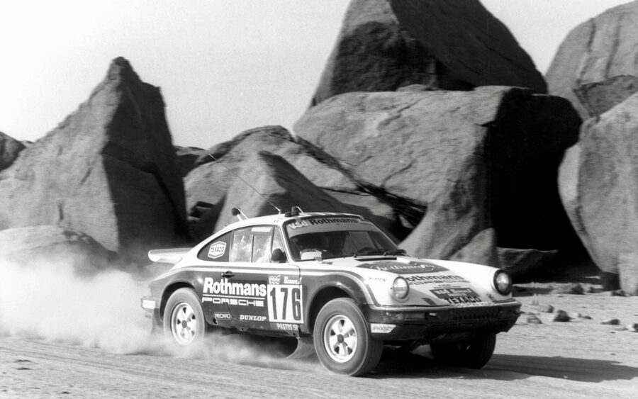 Rene Metge and Dominique Lemoyne in their Porsche 953 at the 1984 Paris-Dakar Rally