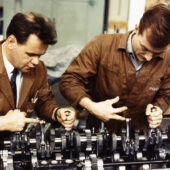 Gerhard Küchle and Valentin Schäffer producing an engine for the 917 in 1969