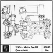 orsche technical diagram of the 917’s flat-twelve for the 1973 season