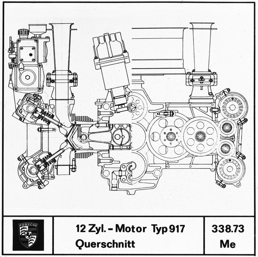 orsche technical diagram of the 917’s flat-twelve for the 1973 season