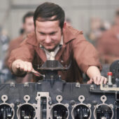 orsche race mechanic, Rainer Stolz, working on the Type 912 flat-twelve