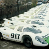 The parade of 917s awaiting inspection outside Zuffenhausen in 1969