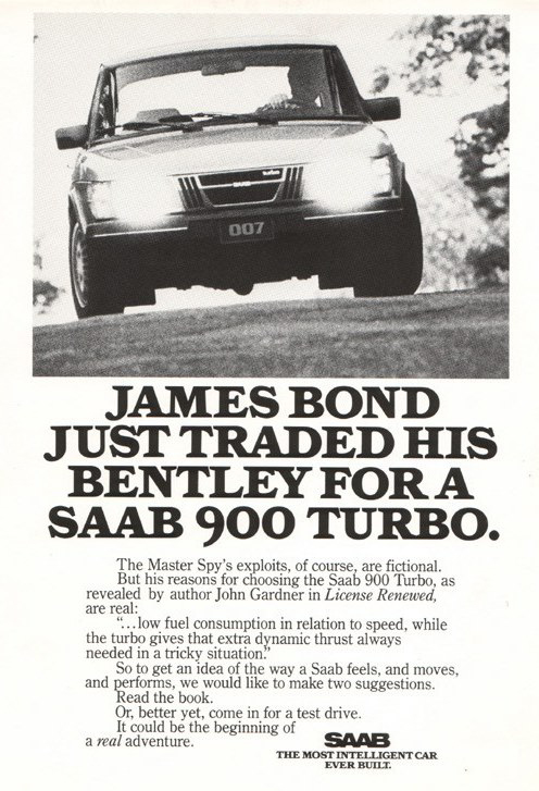 The first 1980s James Bond novels by John Gardner saw Saab grabbing every opportunity to publicise Bond’s switch of allegiance from Bentley